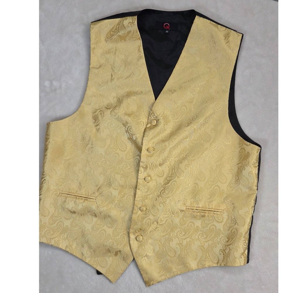 Brand Q Paisley Vest Mens M Gold Black Satin Formal Wedding Prom Dandy Y2K Tux